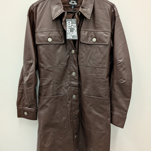 Future Collective Brown Faux Leather Coat Women Medium Button Front Long Jacket - Picture 12 of 13